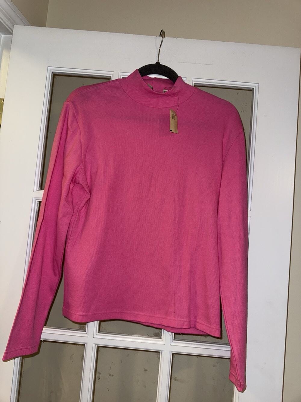 NWT Ann Taylor Hot Pink Long Sleeve Mock Neck Waffle Knit Sweater LG